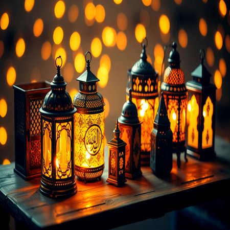 Arabic lanterns on a wooden table with bokeh backgroundの写真素材