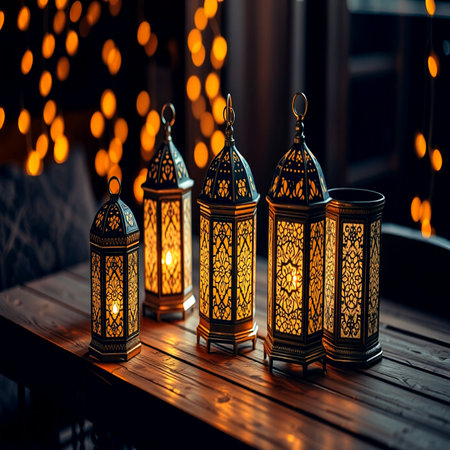Lanterns on a wooden table in a cafe.の写真素材