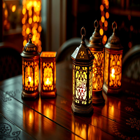 Beautiful Ramadan Kareem lanterns on wooden table at night.の写真素材