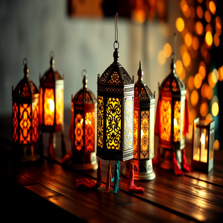 Arabic lanterns on wooden table.の写真素材