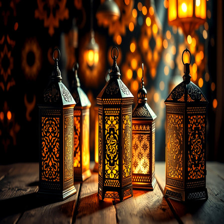 Arabic lanterns on wooden table. Ramadan Kareem background.の写真素材