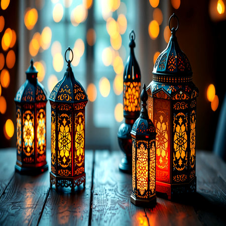 Arabic lanterns on wooden table. Ramadan Kareem background.の写真素材