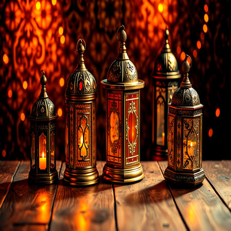 Arabic lanterns on wooden table. Ramadan Kareem background.の写真素材