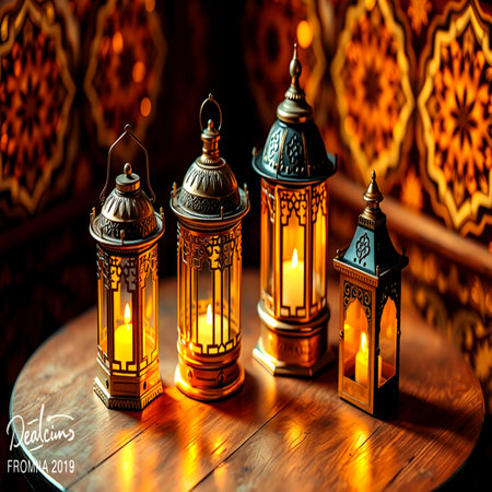 Ramadan Kareem greeting card. Arabic lanterns on wooden tableの写真素材