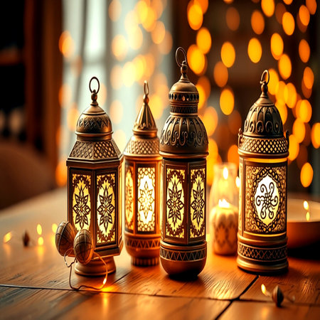 Arabic lanterns on a wooden table. Ramadan Kareem.の写真素材