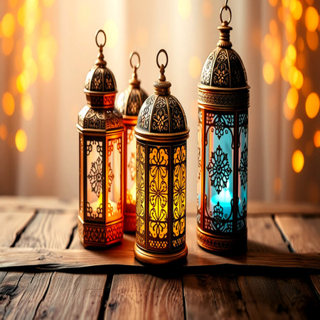 Lanterns on wooden background. Ramadan Kareem concept.の写真素材