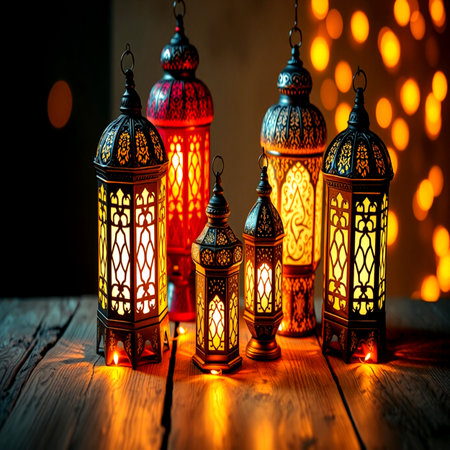Arabic lanterns on wooden background. Ramadan Kareem concept.の写真素材