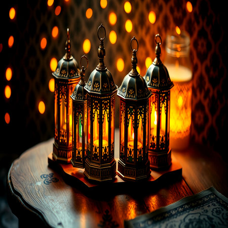 Ramadan Kareem greeting card. Arabic lanterns on wooden table.の写真素材