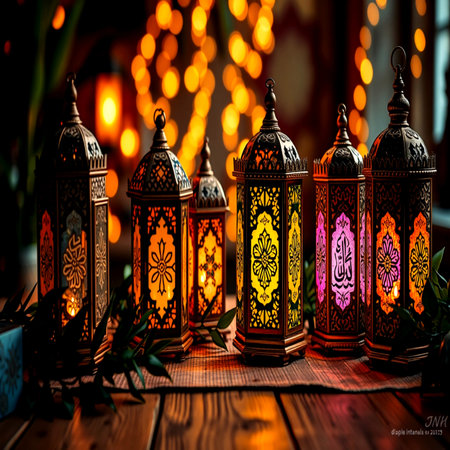 Ramadan Kareem. Arabic lanterns on a wooden table.の写真素材