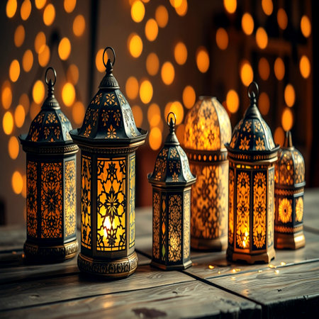 Arabic lanterns on a wooden background. Ramadan Kareem.の写真素材