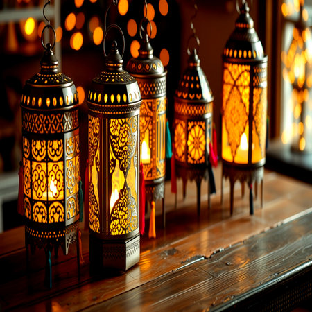 Lanterns for Ramadan Kareem on a wooden table.の写真素材