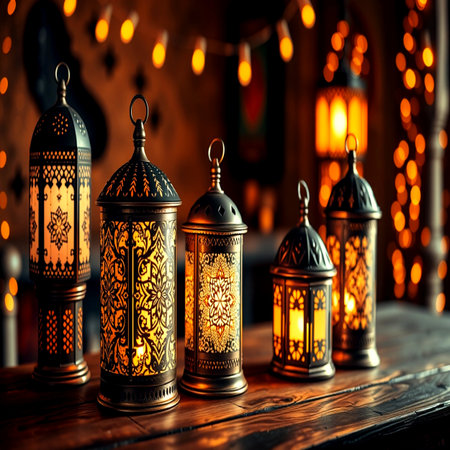 Arabic lanterns on the table. Ramadan Kareem background.の写真素材