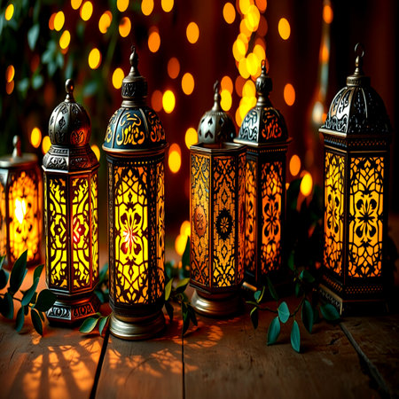 Arabic lanterns on a wooden background. Ramadan Kareem.の写真素材