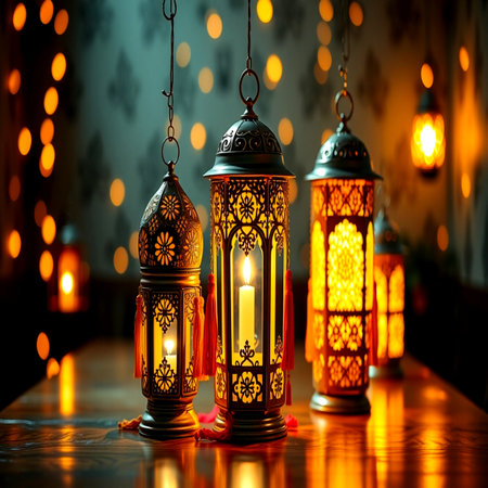 Arabic lanterns on the table. Ramadan Kareem concept.の写真素材