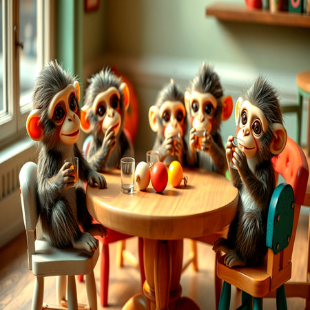 Cute monkeys sitting at a table in a children's room.の写真素材