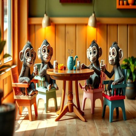 Cute little monkeys sitting at the table in a children's roomの写真素材