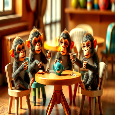 Monkey family sitting at the table in the roomの写真素材