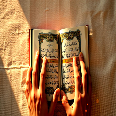 The holy Quran in the hands of a person on a light backgroundの写真素材