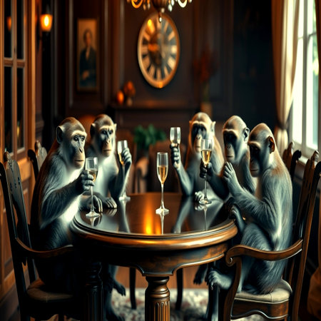 Monkeys sitting at the table and drinking champagne in a restaurant.の写真素材
