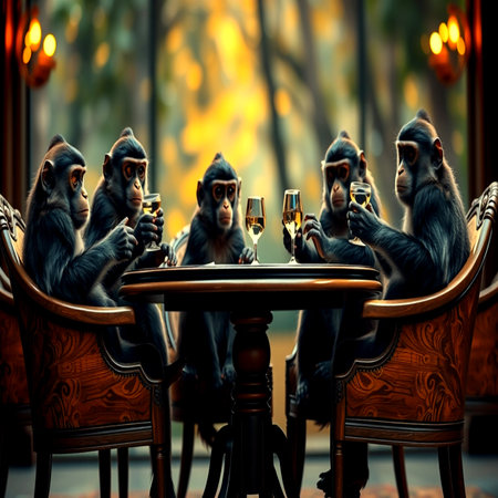 Monkeys drinking white wine in a restaurant. Selective focus.の写真素材
