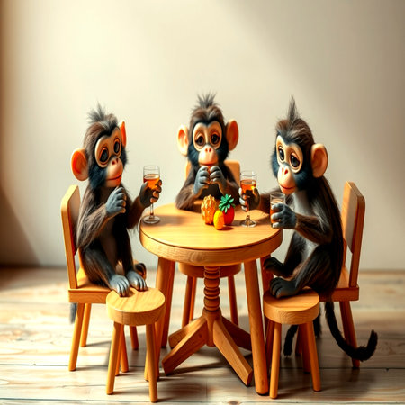 Monkey family sitting at the table with orangeの写真素材