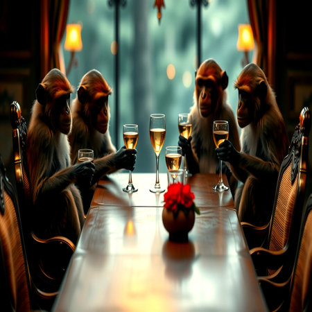 Group of monkeys drinking champagne in a restaurant. Selective focus.の写真素材