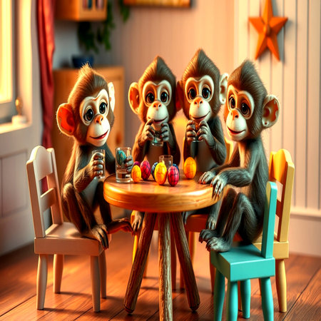 Monkey family sitting at the table in the room. 3d illustrationの写真素材