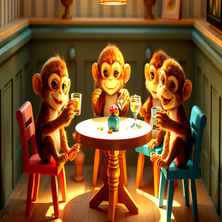 Monkey party in a cafe. 3D illustration. Vintage style.の写真素材