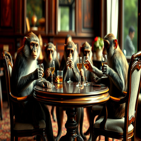 Group of monkeys drinking at the table in a cafe. 3d renderingの写真素材