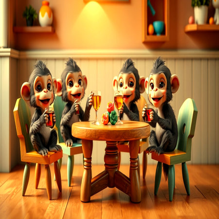 Monkey family sitting at the table and drinking. 3D rendering.の写真素材