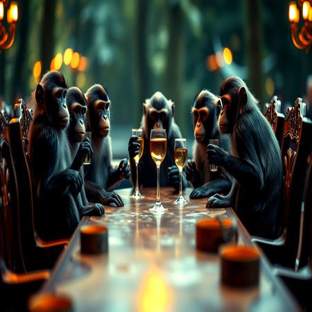 Monkey sitting at the table with a glass of white wine in the eveningの写真素材