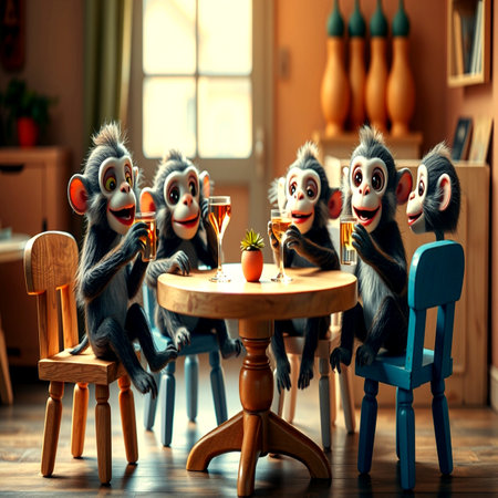 Monkey family sitting at the table and drinking. 3d illustration.の写真素材