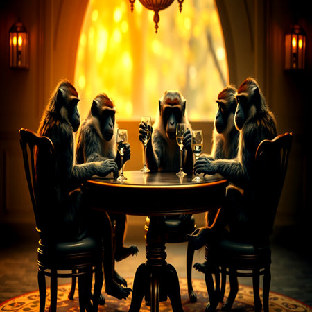 Monkey family sitting at the table. Selective focusの写真素材