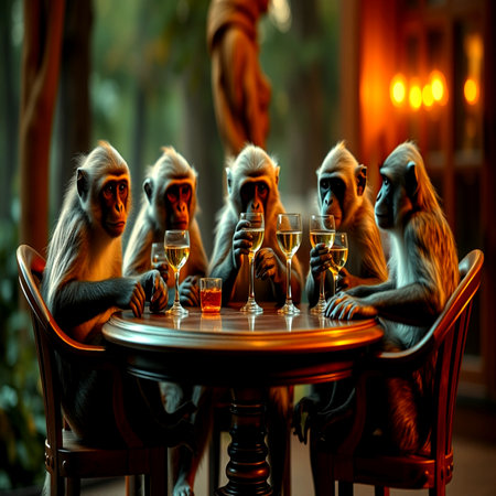 Monkeys sitting at the table. Selective focus.の写真素材