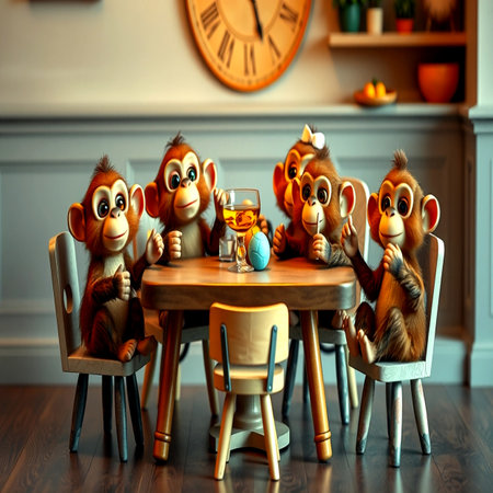 Monkeys sitting at the table with a glass of wineの写真素材