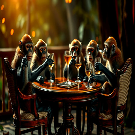 Monkey drinking wine in a restaurant. Conceptual image of wild animals.の写真素材