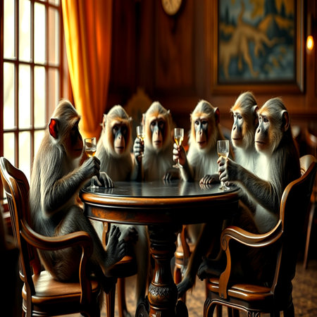 Monkeys sitting at a table in a restaurant. 3d renderingの写真素材