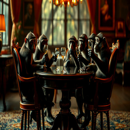 Monkeys drinking wine in a luxury restaurant. Selective focus.の写真素材