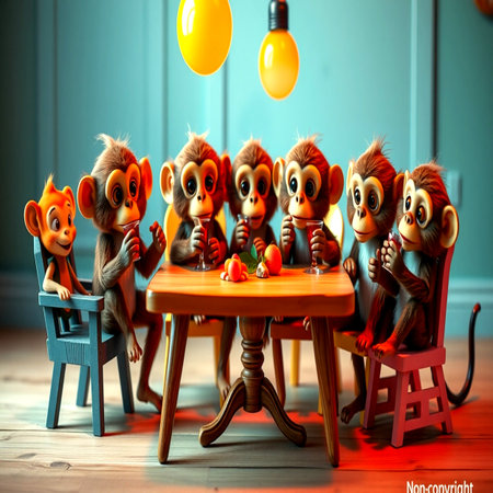 Monkey family in the children's room at the table. 3d renderingの写真素材