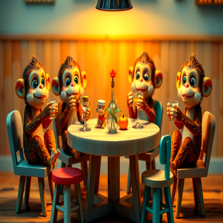 Cute cartoon monkeys sitting at the table in a cafe. 3d rendering.の写真素材