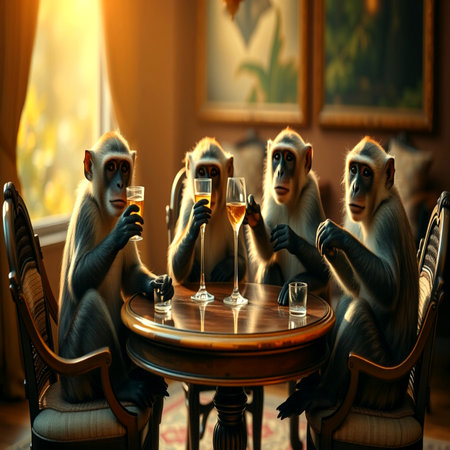 Monkeys drinking wine in a cafe. Conceptual image. 3d renderingの写真素材