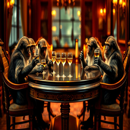 Monkeys drinking champagne in a restaurant. Filtered image processed vintage effect.の写真素材