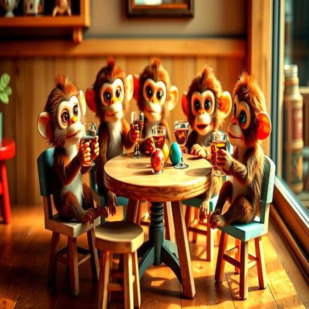 Monkey figurines with wine and eggs on wooden table in cafeの写真素材