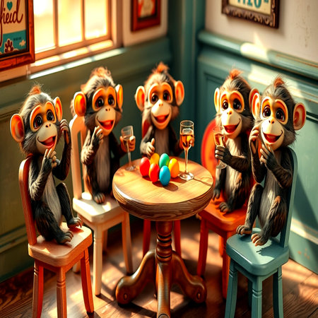 Monkeys with Easter eggs on the table in a cafe. 3d renderingの写真素材