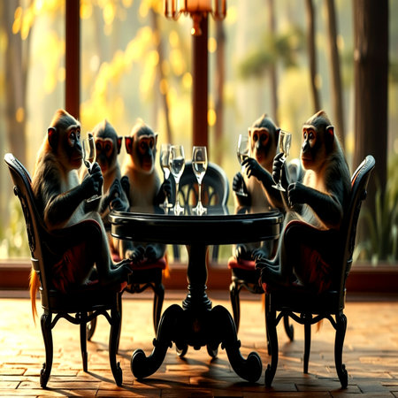 Monkeys sitting at the table and drinking wine in the restaurant.の写真素材