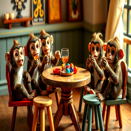 Monkeys sitting in a cafe with a glass of wine. 3D illustration.の写真素材