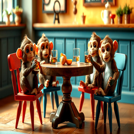 Monkey family sitting at a table in the kitchen. 3d renderingの写真素材