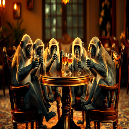 Monkeys with wine glasses in a restaurant. Retro style toned pictureの写真素材