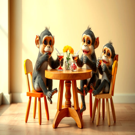 Monkey family sitting at the table in the room and drinking juiceの写真素材