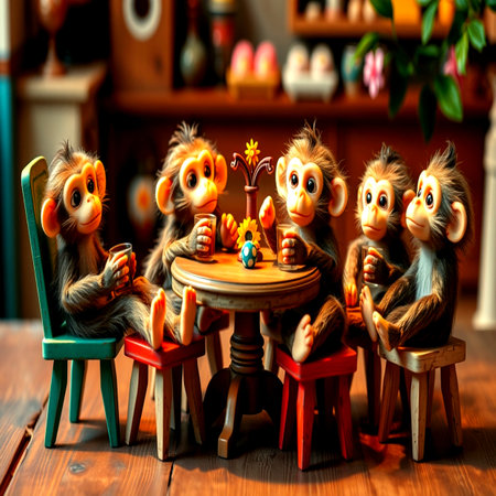 Funny monkeys sitting at a table in a cafe. Selective focus.の写真素材